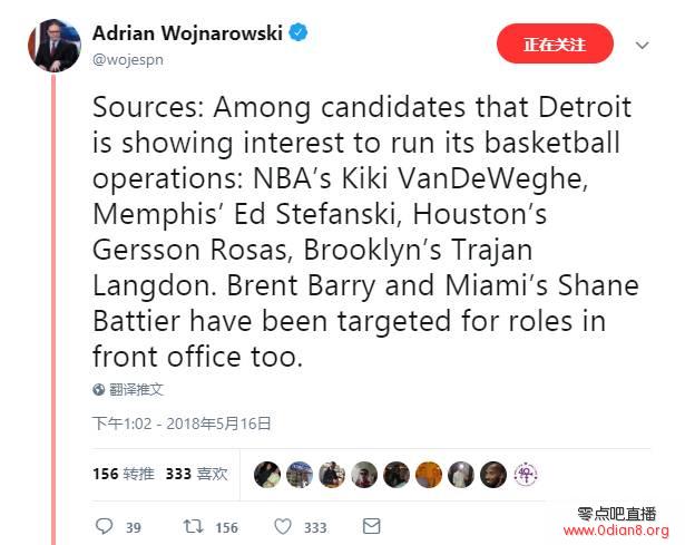 Woj：活塞有意让范德维奇等人担任篮球运营总裁