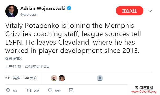 Woj：骑士球员发展教练波塔潘科将加盟灰熊教练组