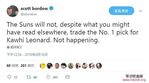 跟队记者：太阳不会交易状元签来得到莱昂纳德