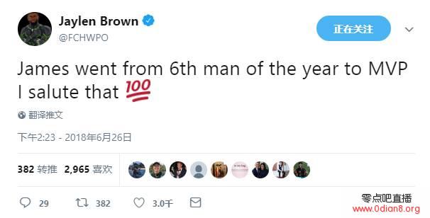 杰伦-布朗：哈登从最佳第六人打到了MVP 我表示敬意