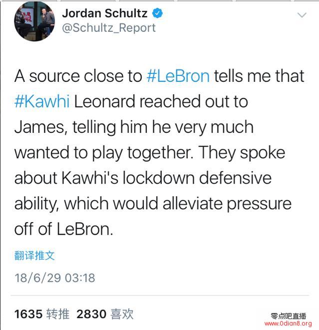 美记：卡哇伊已联系詹姆斯 表达了一起打球的强烈意愿