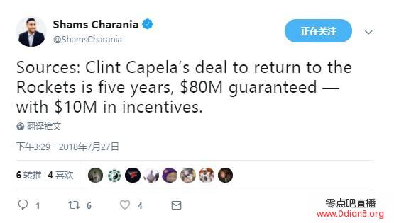 Shams：卡佩拉合同中完全保障的有8000万美元
