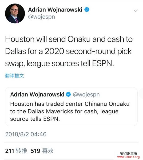 Woj：火箭将把欧努阿库交易至独行侠