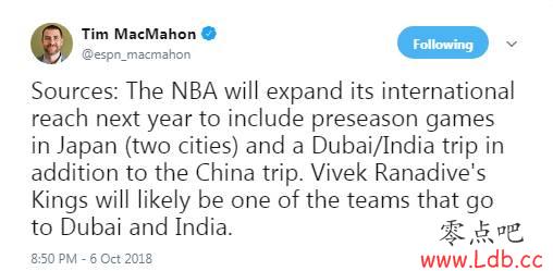 消息人士：NBA明年将在日本、迪拜和印度举办季前赛