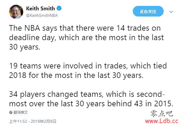 交易截止日数据：14笔交易 涉及19支球队&34名球员