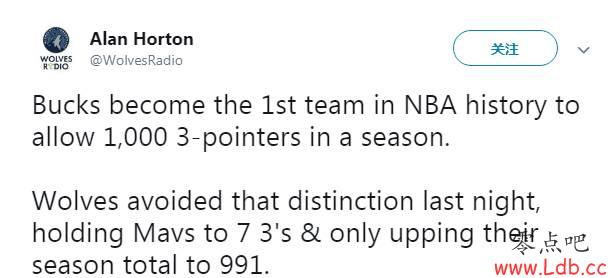 雄鹿单赛季被进1000+三分 创NBA历史纪录